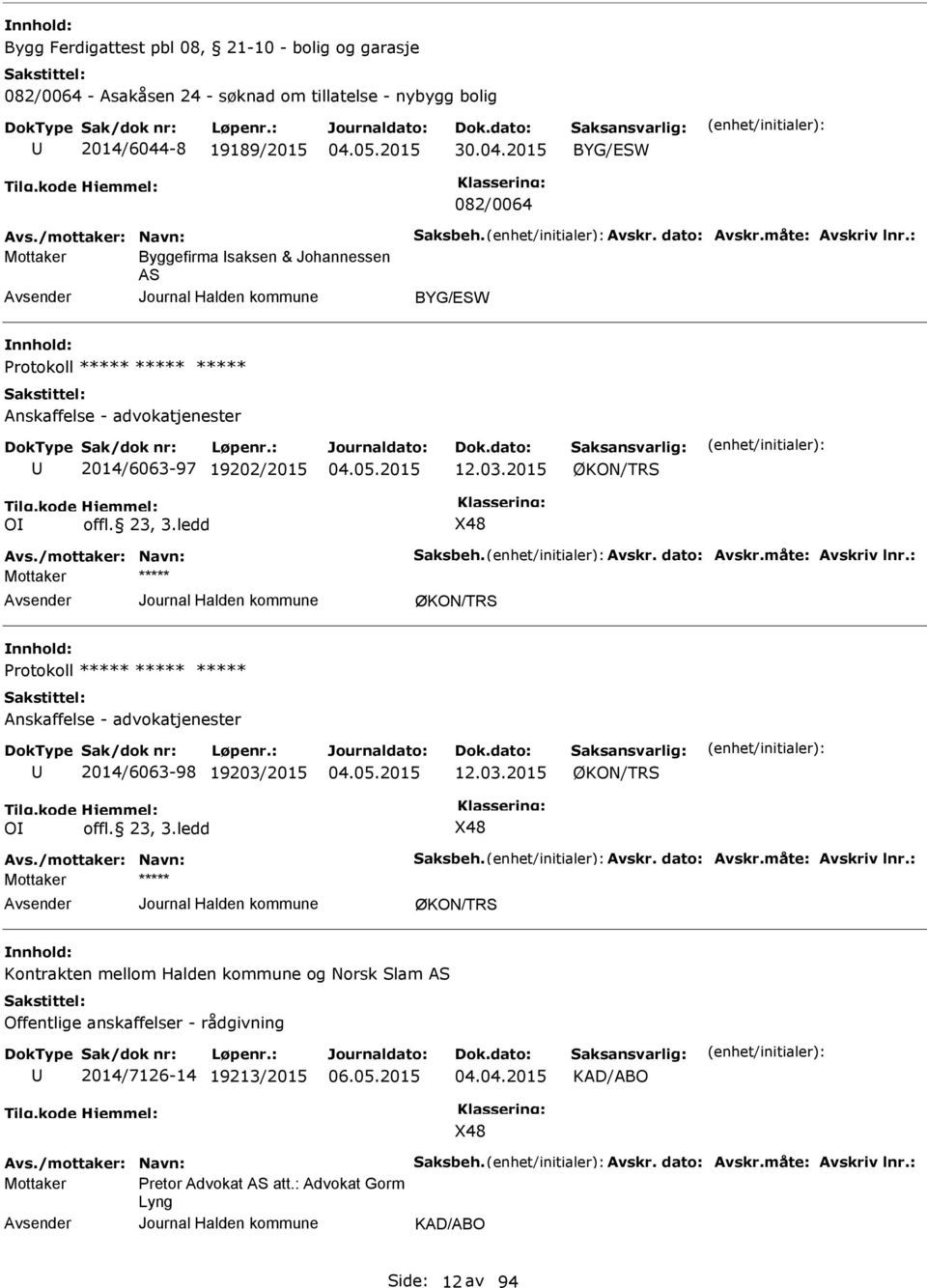 /mottaker: Navn: Saksbeh. vskr. dato: vskr.måte: vskriv lnr.: ØKON/TRS Protokoll nskaffelse - advokatjenester 2014/6063-98 19203/2015 12.03.2015 ØKON/TRS OI offl. 23, 3.ledd X48 vs.