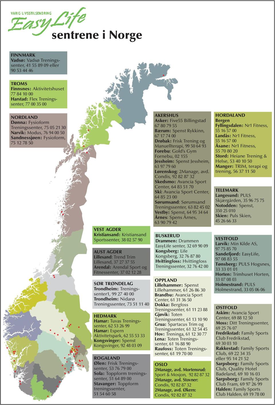 37 27 37 55 Arendal: Arendal Sport og Fitnessenter, 37 02 12 28 SØR TRØNDELAG Trondheim: Treningssenter1, 99 27 40 00 Trondheim: Nidarø Treningssenter, 73 51 11 40 HEDMARK Hamar: Tuvas