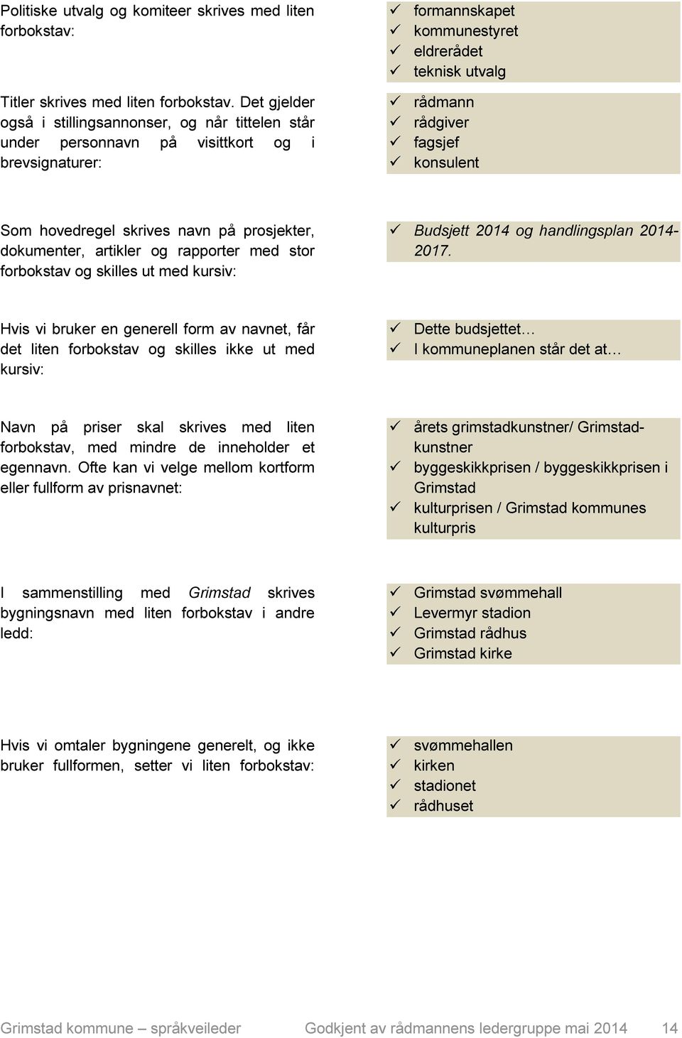 Som hovedregel skrives navn på prosjekter, dokumenter, artikler og rapporter med stor forbokstav og skilles ut med kursiv: Budsjett 2014 og handlingsplan 2014-2017.