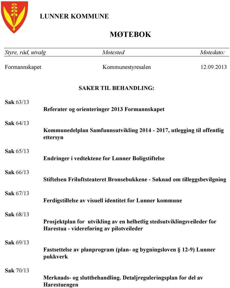 2014-2017, utlegging til offentlig ettersyn Endringer i vedtektene for Lunner Boligstiftelse Stiftelsen Friluftsteateret Bronsebukkene - Søknad om tilleggsbevilgning Ferdigstillelse av