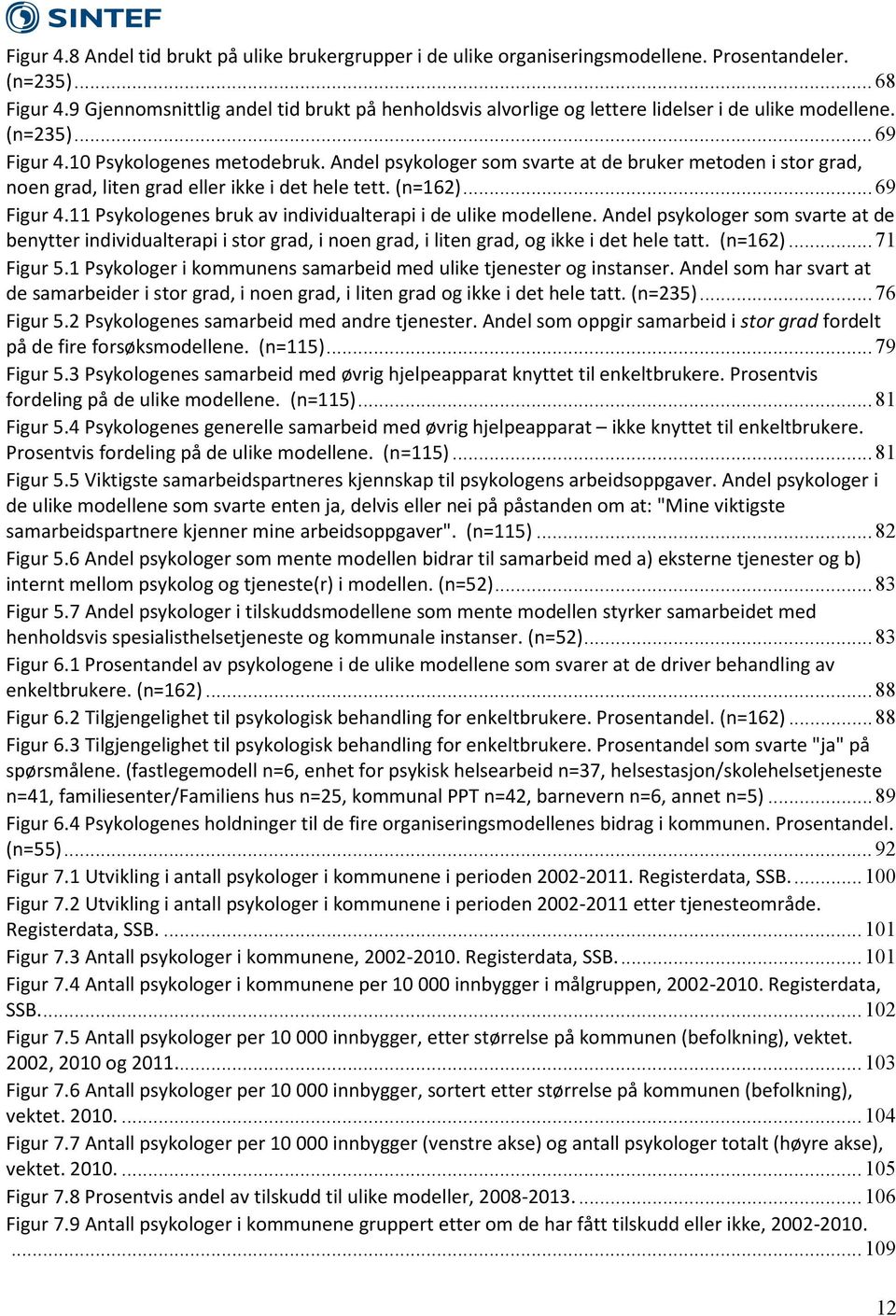 Andel psykologer som svarte at de bruker metoden i stor grad, noen grad, liten grad eller ikke i det hele tett. (n=162)... 69 Figur 4.11 Psykologenes bruk av individualterapi i de ulike modellene.