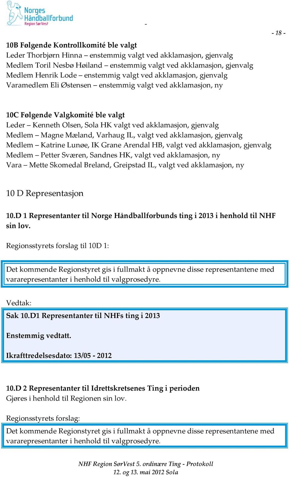 Magne Mæland, Varhaug IL, valgt ved akklamasjon, gjenvalg Medlem Katrine Lunøe, IK Grane Arendal HB, valgt ved akklamasjon, gjenvalg Medlem Petter Sværen, Sandnes HK, valgt ved akklamasjon, ny Vara