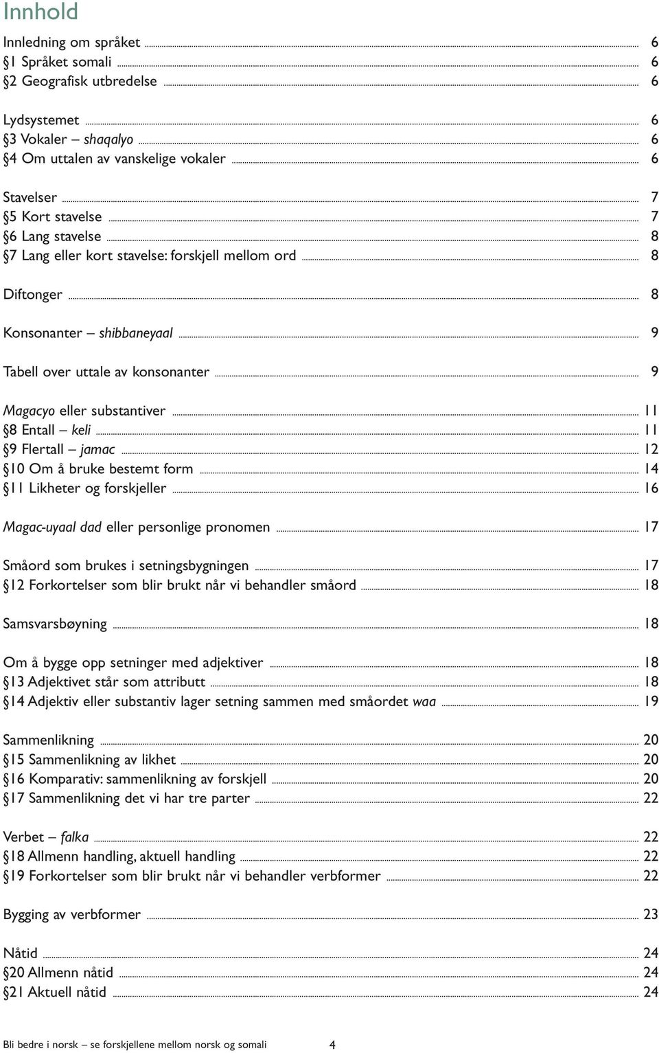 .. 11 8 Entall keli... 11 9 Flertall jamac... 12 10 Om å bruke bestemt form... 14 11 Likheter og forskjeller... 16 Magac-uyaal dad eller personlige pronomen... 17 Småord som brukes i setningsbygningen.