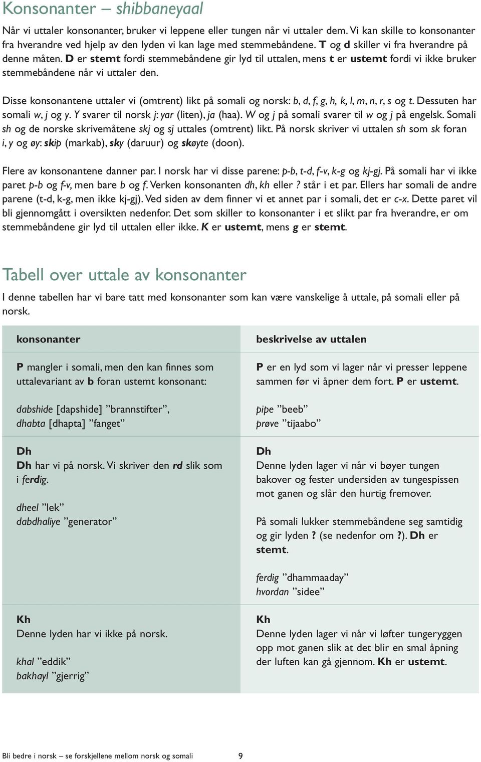 Disse konsonantene uttaler vi (omtrent) likt på og : b, d, f, g, h, k, l, m, n, r, s og t. Dessuten har w, j og y. Y svarer til j: yar (liten), ja (haa). W og j på svarer til w og j på engelsk.