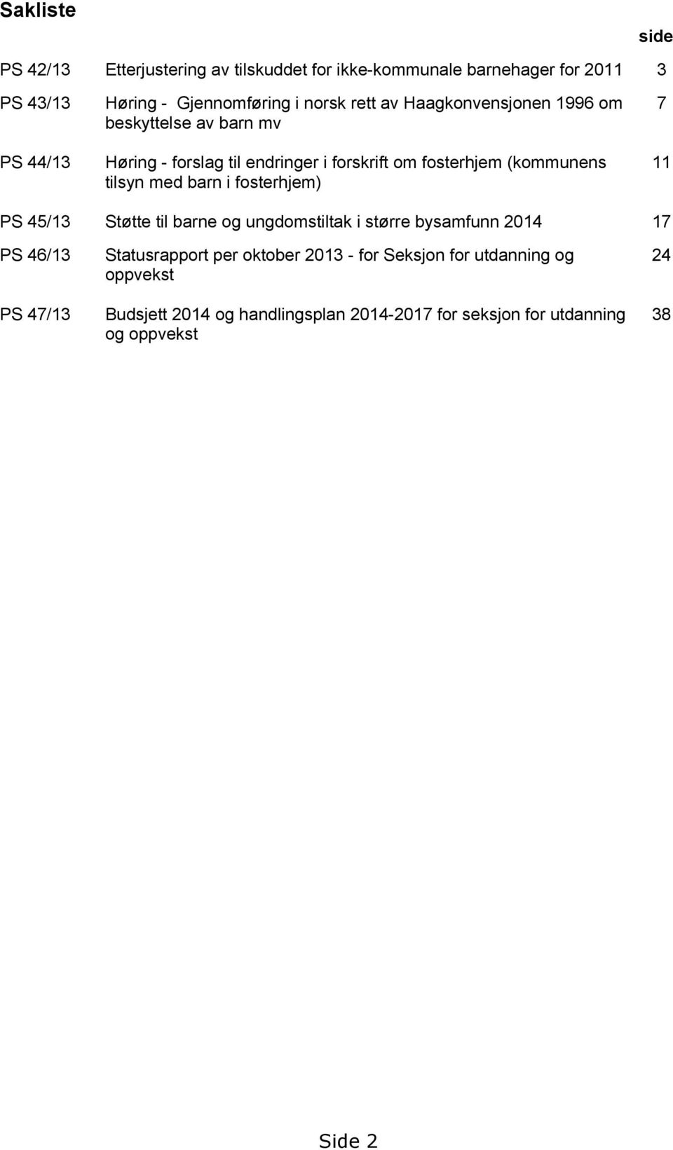 med barn i fosterhjem) 7 11 PS 45/13 Støtte til barne og ungdomstiltak i større bysamfunn 2014 17 PS 46/13 PS 47/13 Statusrapport per