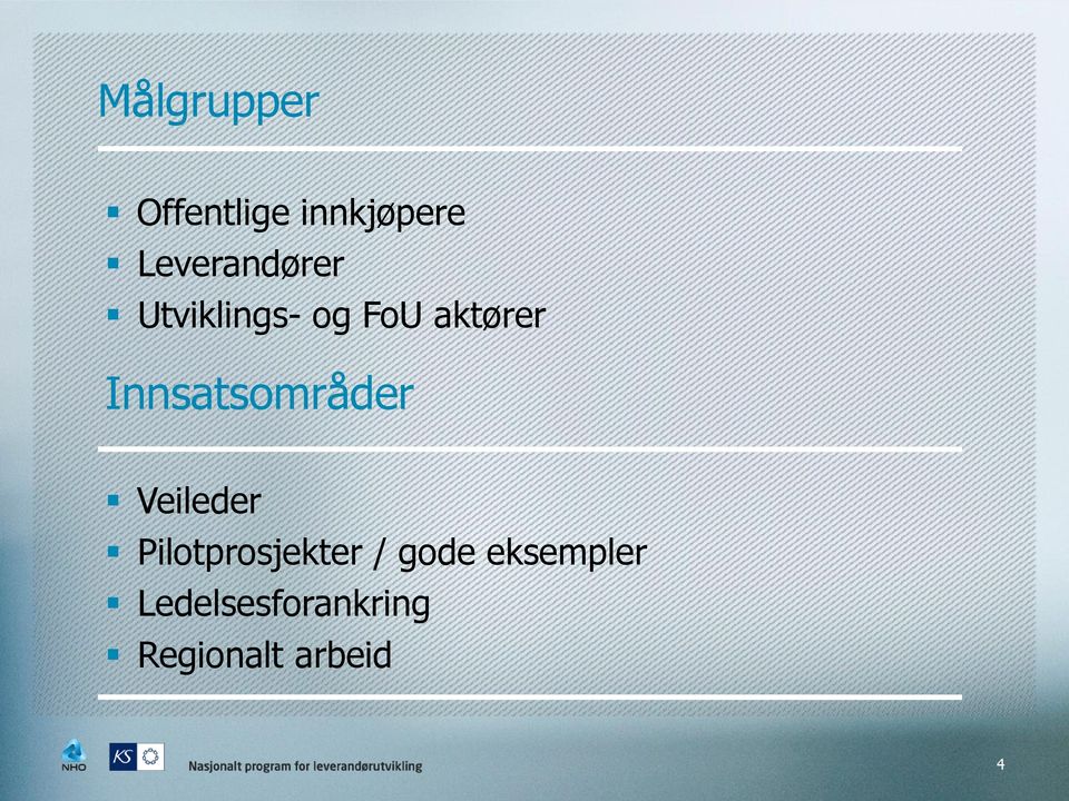 Innsatsområder Veileder Pilotprosjekter /