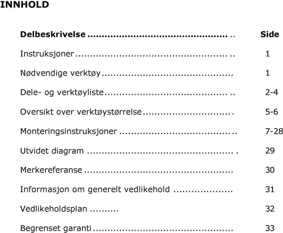 ... 5-6 Monteringsinstruksjoner..... 7-28 Utvidet diagram.... 29 Merkereferanse.