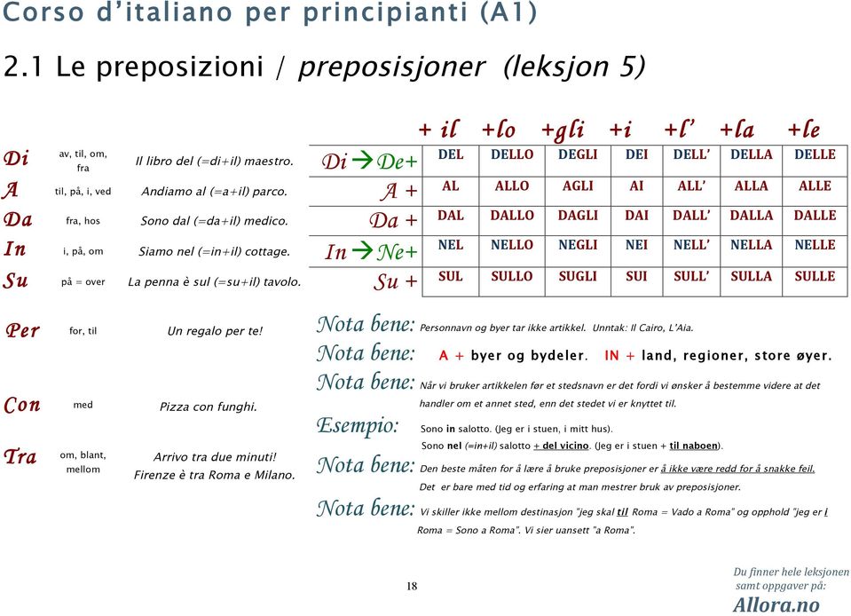 DAL Da + DALLO DAGLI DAI DALL DALLA DALLE In i, på, om Siamo nel (=in+il) cottage. NEL In Ne+ NELLO NEGLI NEI NELL NELLA NELLE Su på = over La penna è sul (=su+il) tavolo.