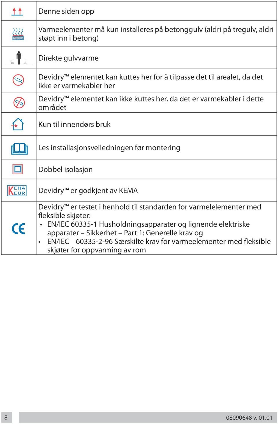 installasjonsveiledningen før montering KEUR EMA Dobbel isolasjon KEUR EMA KEUR Devidry er godkjent av KEMA Devidry er testet i henhold til standarden for varmelelementer med fleksible skjøter: