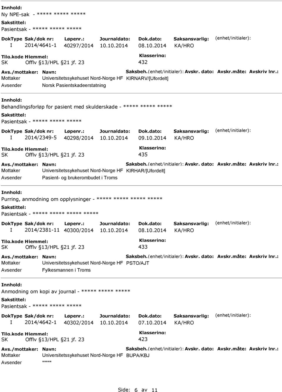 2014/2349-5 40298/2014 435 Mottaker niversitetssykehuset Nord-Norge HF KRHAR/[fordelt] Pasient- og brukerombudet i Troms Purring, anmodning om opplysninger - ***** *****