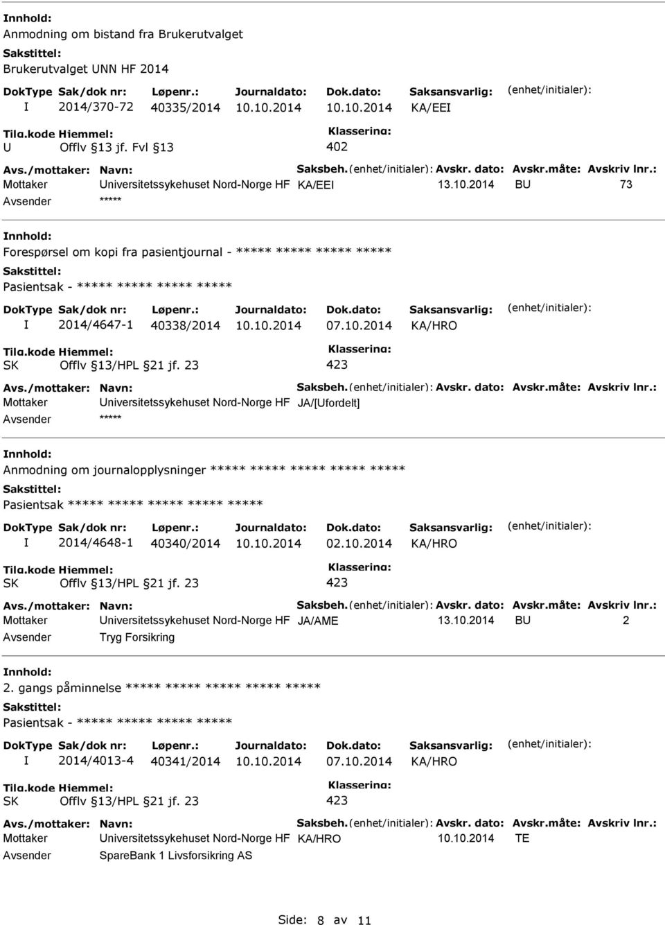 2014 Mottaker niversitetssykehuset Nord-Norge HF JA/[fordelt] ***** Anmodning om journalopplysninger ***** ***** ***** ***** ***** Pasientsak ***** ***** ***** ***** ***** 2014/4648-1