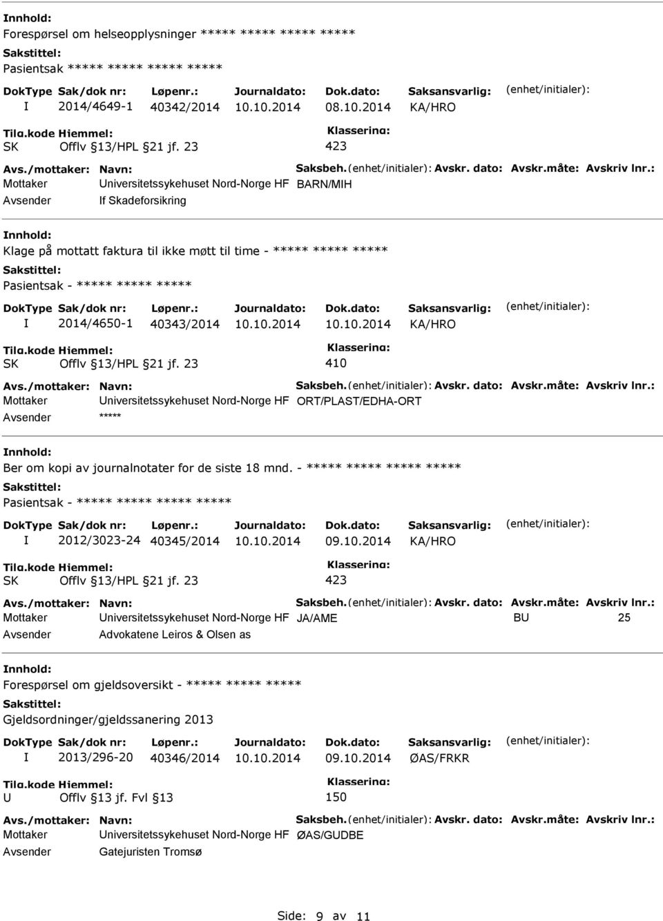 niversitetssykehuset Nord-Norge HF ORT/PLAST/EDHA-ORT ***** Ber om kopi av journalnotater for de siste 18 mnd.