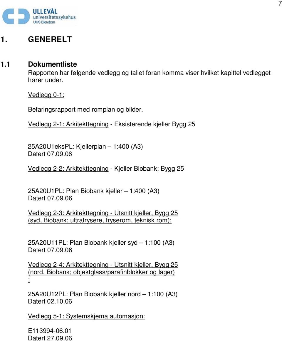 06 Vedlegg 2-2: Arkitekttegning - Kjeller Biobank; Bygg 25 25A20U1PL: Plan Biobank kjeller 1:400 (A3) Datert 07.09.