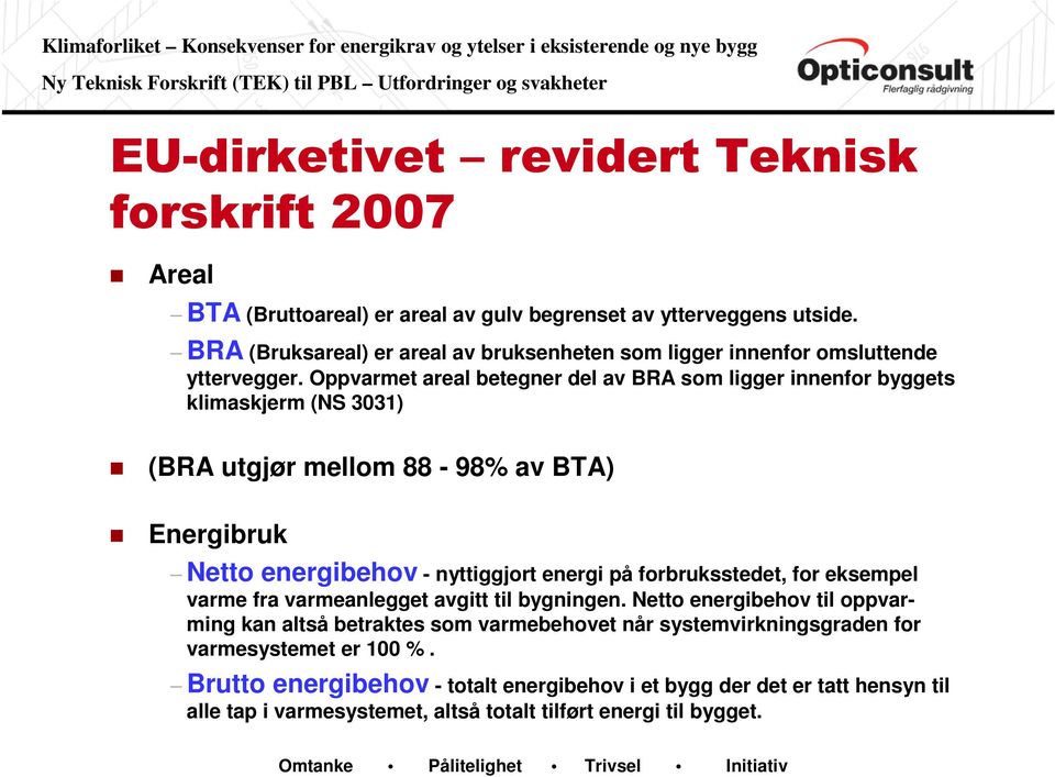 Oppvarmet areal betegner del av BRA som ligger innenfor byggets klimaskjerm (NS 3031) (BRA utgjør mellom 88-98% av BTA) Energibruk Netto energibehov - nyttiggjort energi på