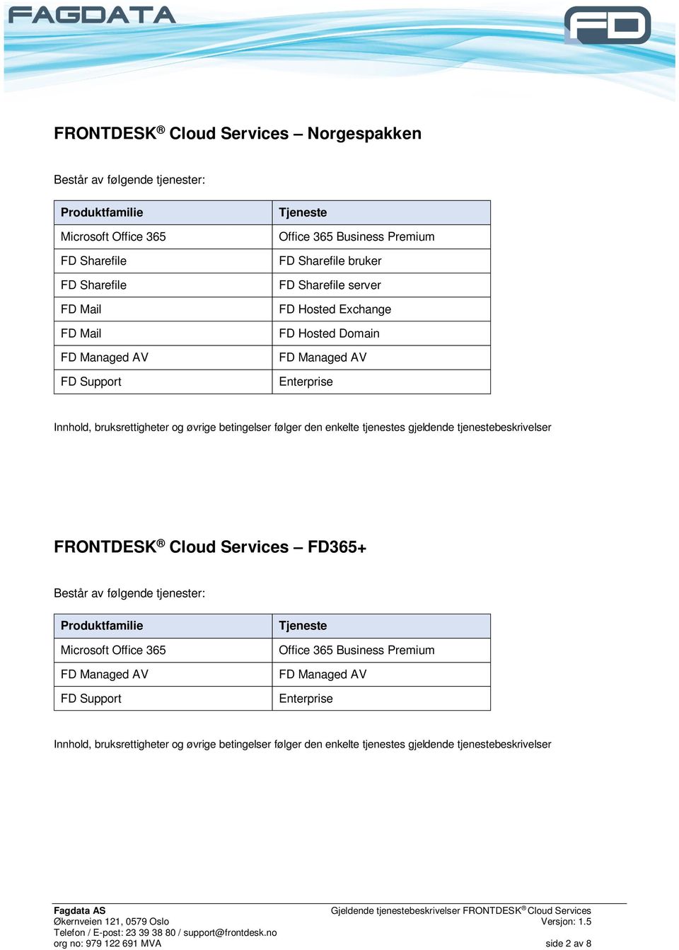 enkelte tjenestes gjeldende tjenestebeskrivelser FRONTDESK Cloud Services FD365+ Består av følgende tjenester: Produktfamilie Microsoft Office 365 FD Support Office