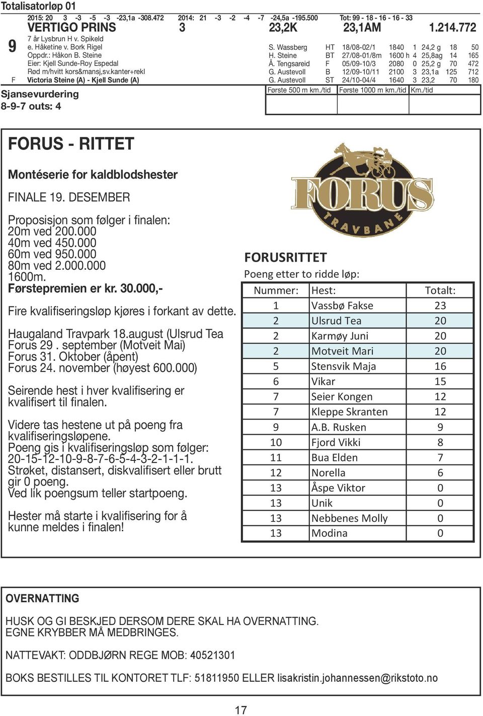 kanter+rekl Victoria Steine (A) - Kjell Sunde (A) Sjansevurdering 8-9-7 outs: 4 ORUS - RITTET Montéserie for kaldblodshester INALE 19. DESEMBER Proposisjon som følger i finalen: 20m ved 200.