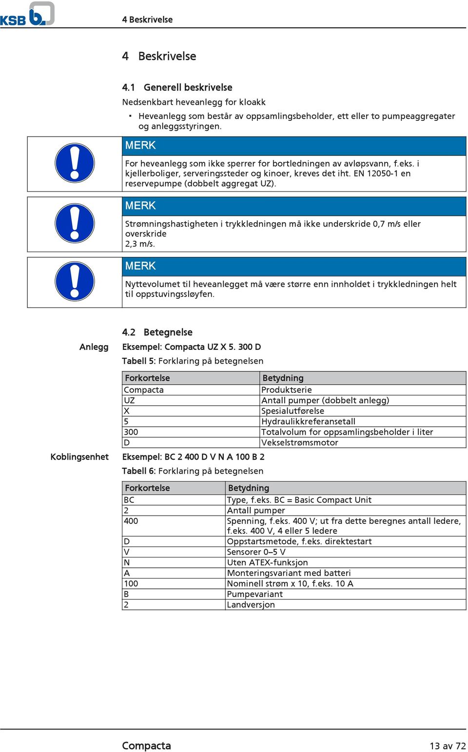 MERK Strømningshastigheten i trykkledningen må ikke underskride 0,7 m/s eller overskride 2,3 m/s.