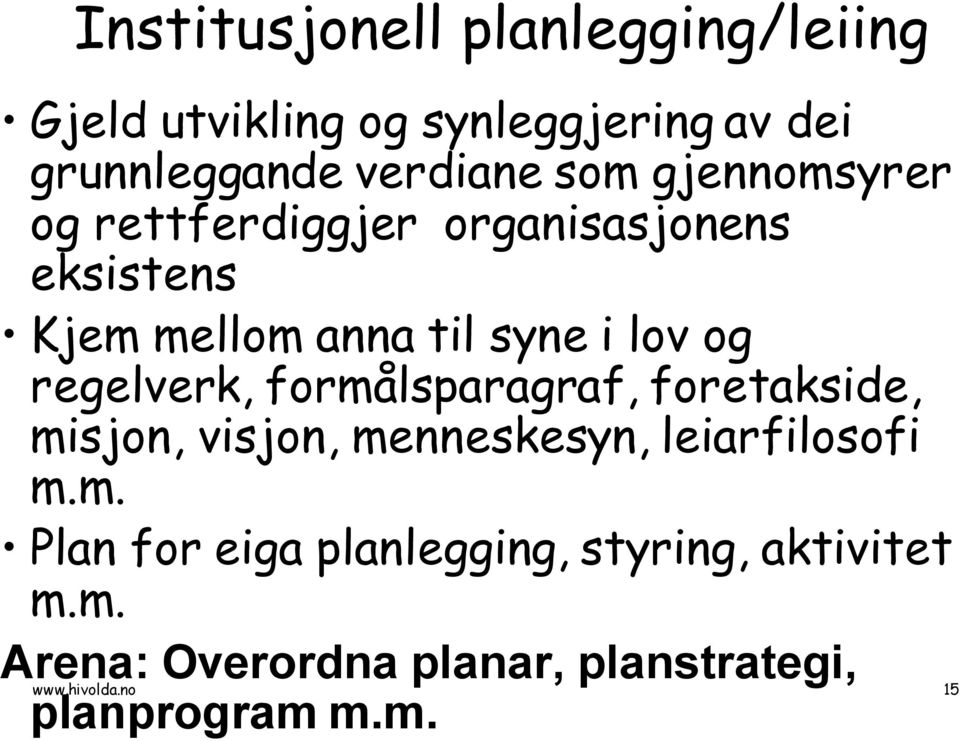 regelverk, formålsparagraf, foretakside, misjon, visjon, menneskesyn, leiarfilosofi m.m. Plan for eiga planlegging, styring, aktivitet m.