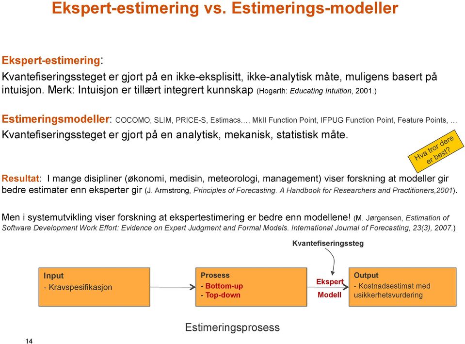 ) Estimeringsmodeller: COCOMO, SLIM, PRICE-S, Estimacs, MkII Function Point, IFPUG Function Point, Feature Points, Kvantefiseringssteget er gjort på en analytisk, mekanisk, statistisk måte.