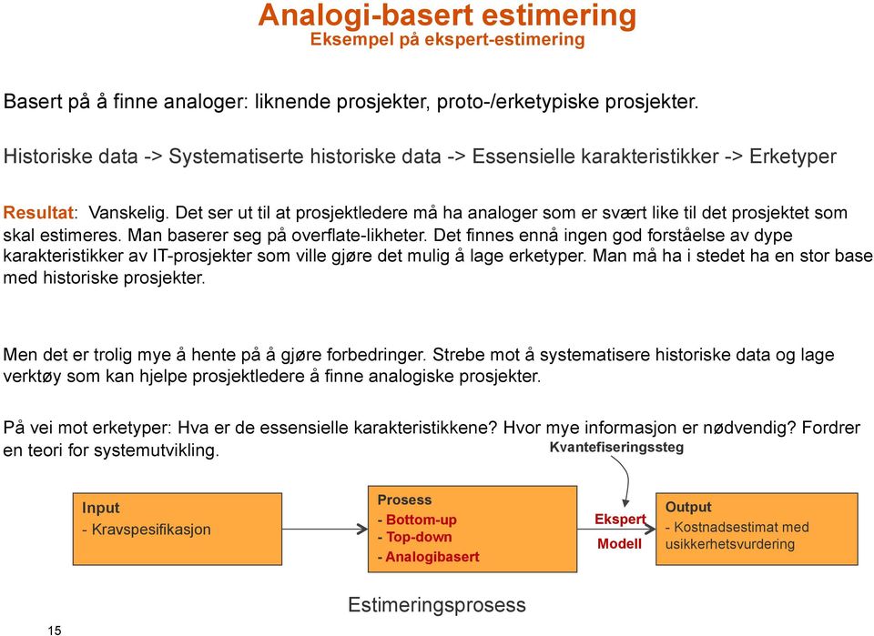 Det ser ut til at prosjektledere må ha analoger som er svært like til det prosjektet som skal estimeres. Man baserer seg på overflate-likheter.