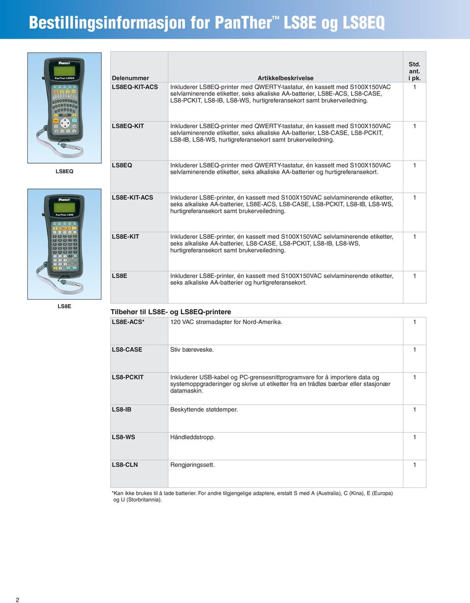 LS8EQ-KIT Inkluderer LS8EQ-printer med QWERTY-tastatur, én kassett med S00X50VAC selvlaminerende etiketter, seks alkaliske AA-batterier, LS8-CASE, LS8-PCKIT, LS8-IB, LS8-WS, hurtigreferansekort samt