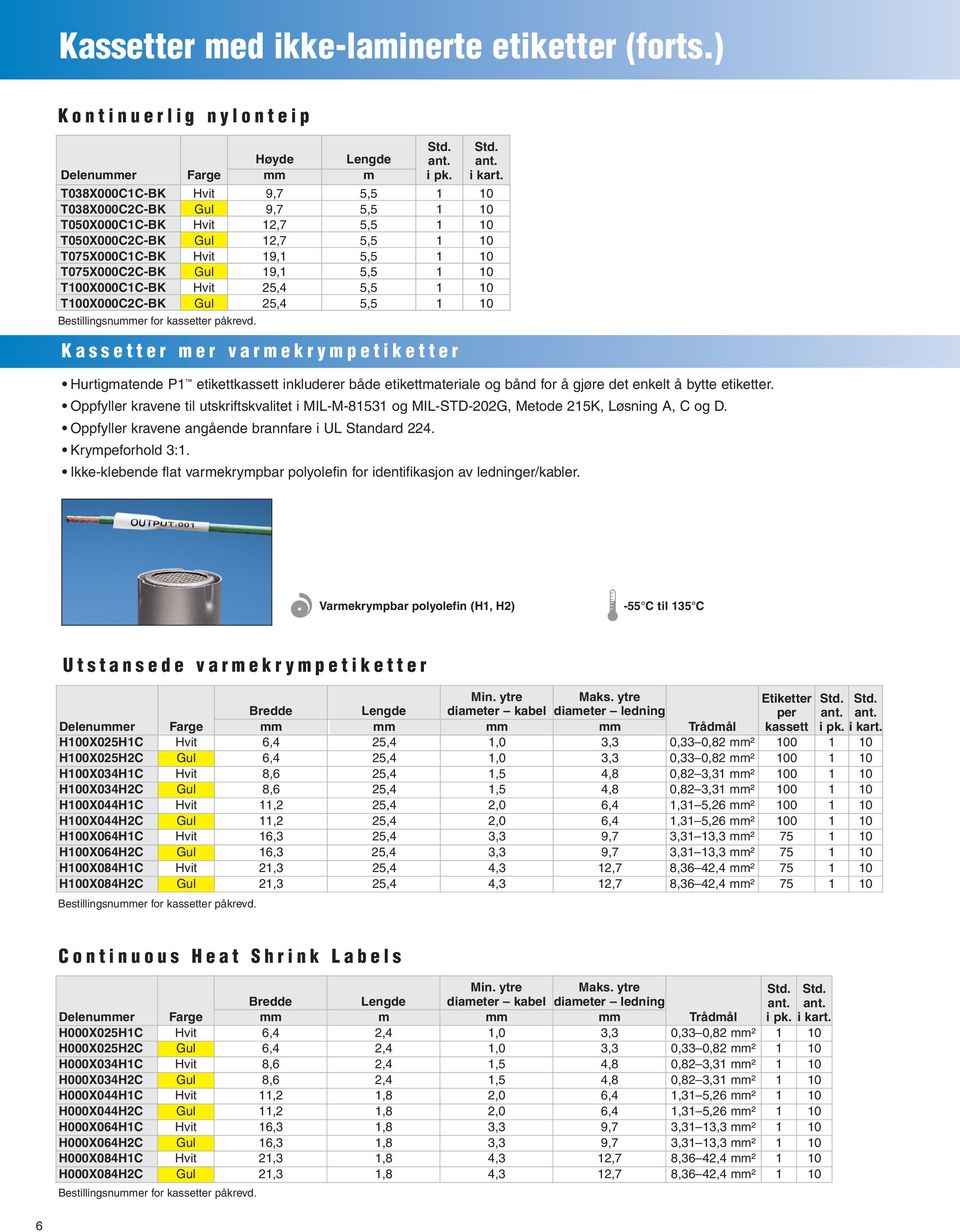 s e t t e r m e r v a r m e k r y m p e t i k e t t e r Oppfyller kravene til utskriftskvalitet i MIL-M-853 og MIL-STD-202G, Metode 25K, Løsning A, C og D.