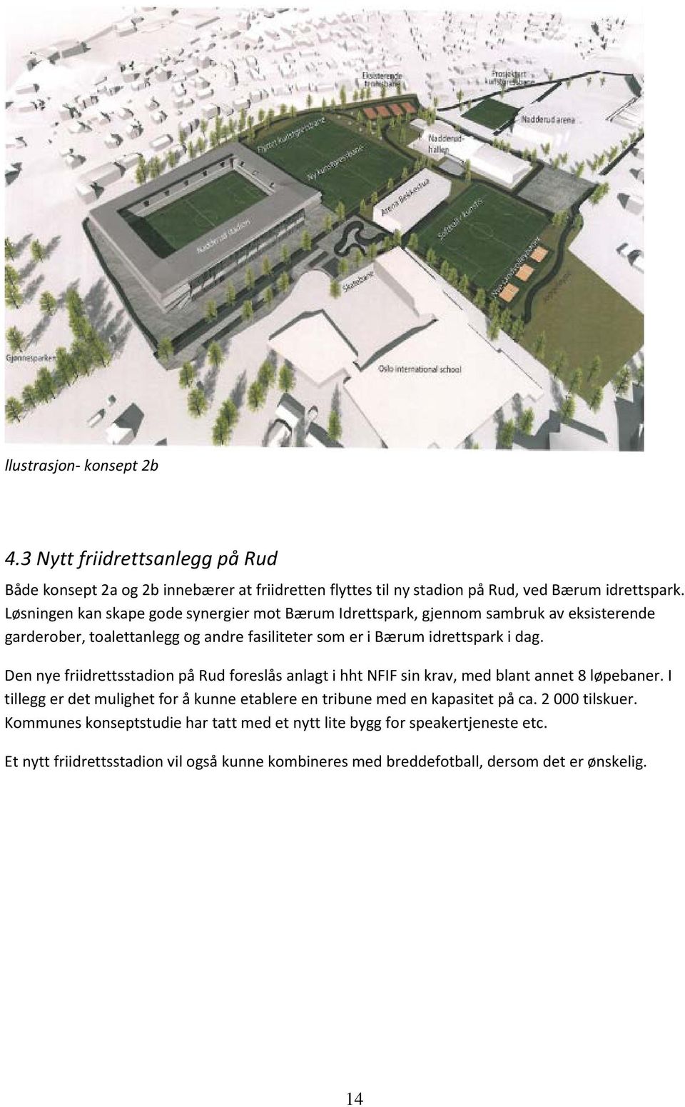 Den nye friidrettsstadion på Rud foreslås anlagt i hht NFIF sin krav, med blant annet 8 løpebaner.
