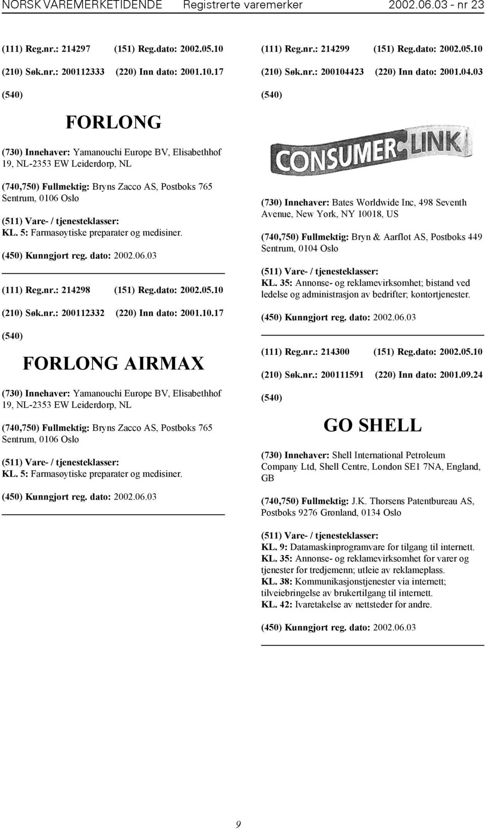 5: Farmasøytiske preparater og medisiner. (111) Reg.nr.: 214298 (151) Reg.dato: 2002.05.10 (210) Søk.nr.: 200112332 (220) Inn dato: 2001.10.17 FORLONG AIRMAX (730) Innehaver: Yamanouchi Europe BV, Elisabethhof 19, NL-2353 EW Leiderdorp, NL KL.