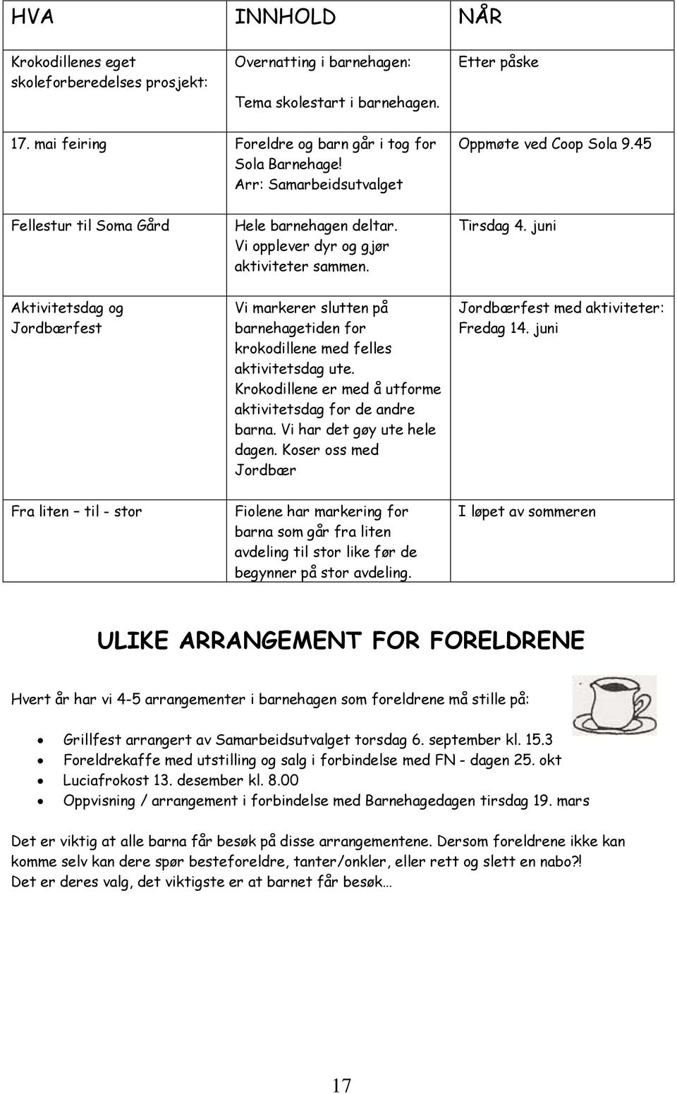 juni Aktivitetsdag og Jordbærfest Vi markerer slutten på barnehagetiden for krokodillene med felles aktivitetsdag ute. Krokodillene er med å utforme aktivitetsdag for de andre barna.