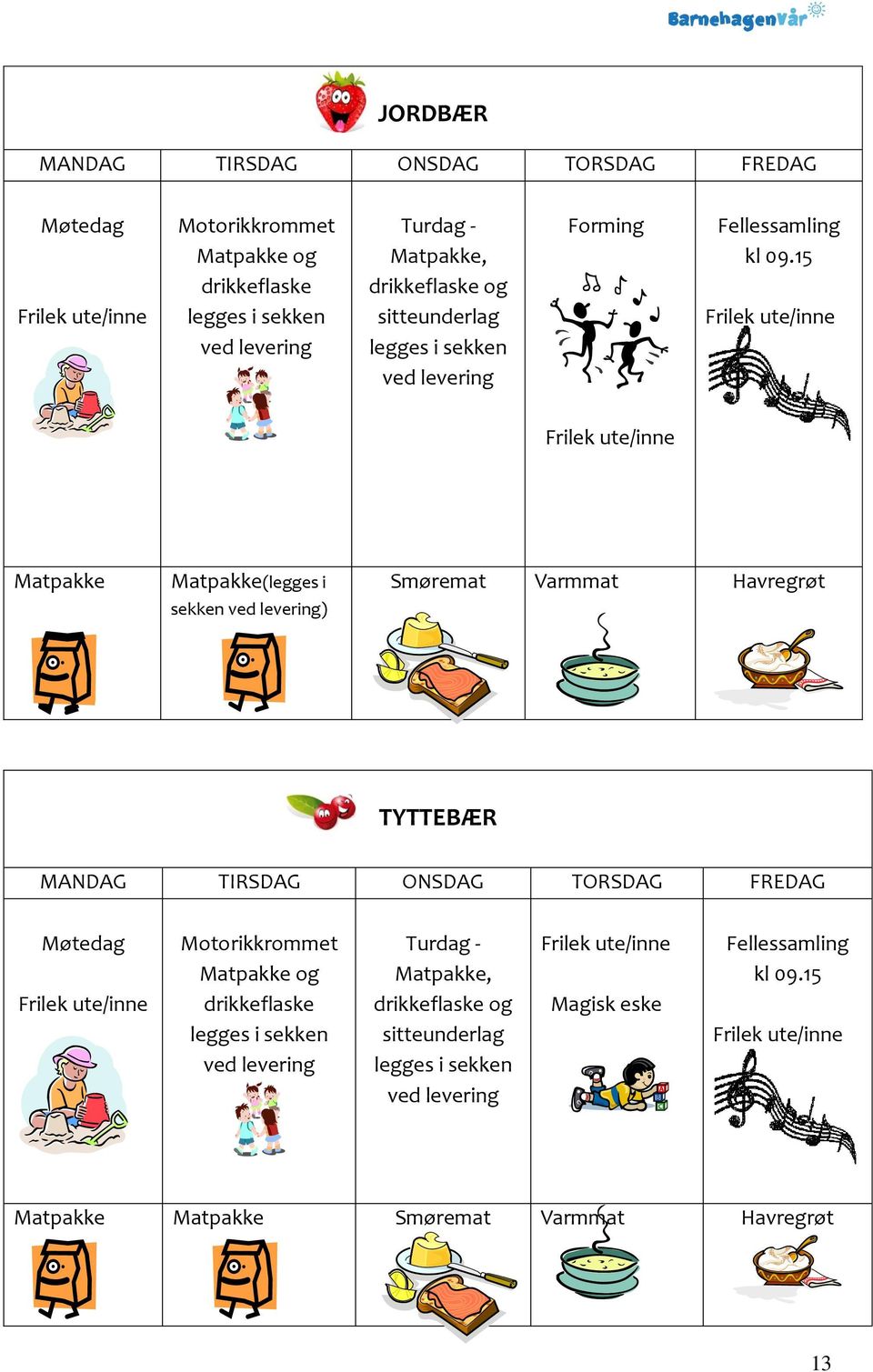 15 Frilek ute/inne Frilek ute/inne Matpakke Matpakke(legges i sekken ved levering) Smøremat Varmmat Havregrøt TYTTEBÆR MANDAG TIRSDAG ONSDAG TORSDAG FREDAG Møtedag Frilek