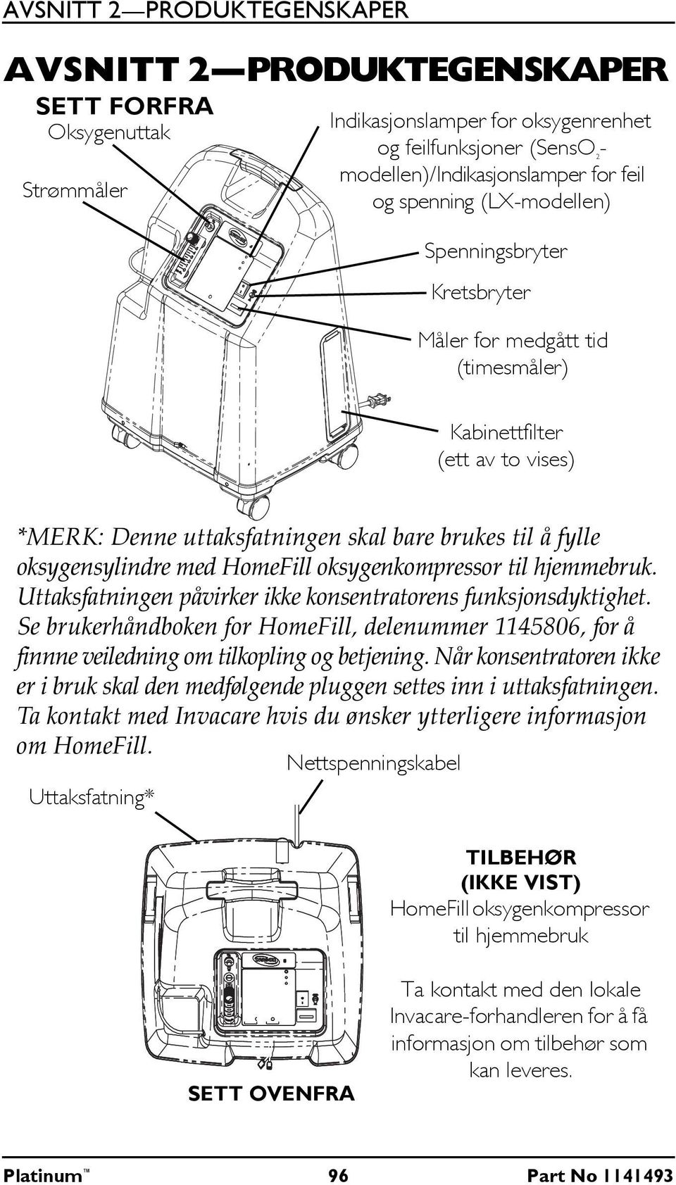 HomeFill oksygenkompressor til hjemmebruk. Uttaksfatningen påvirker ikke konsentratorens funksjonsdyktighet.