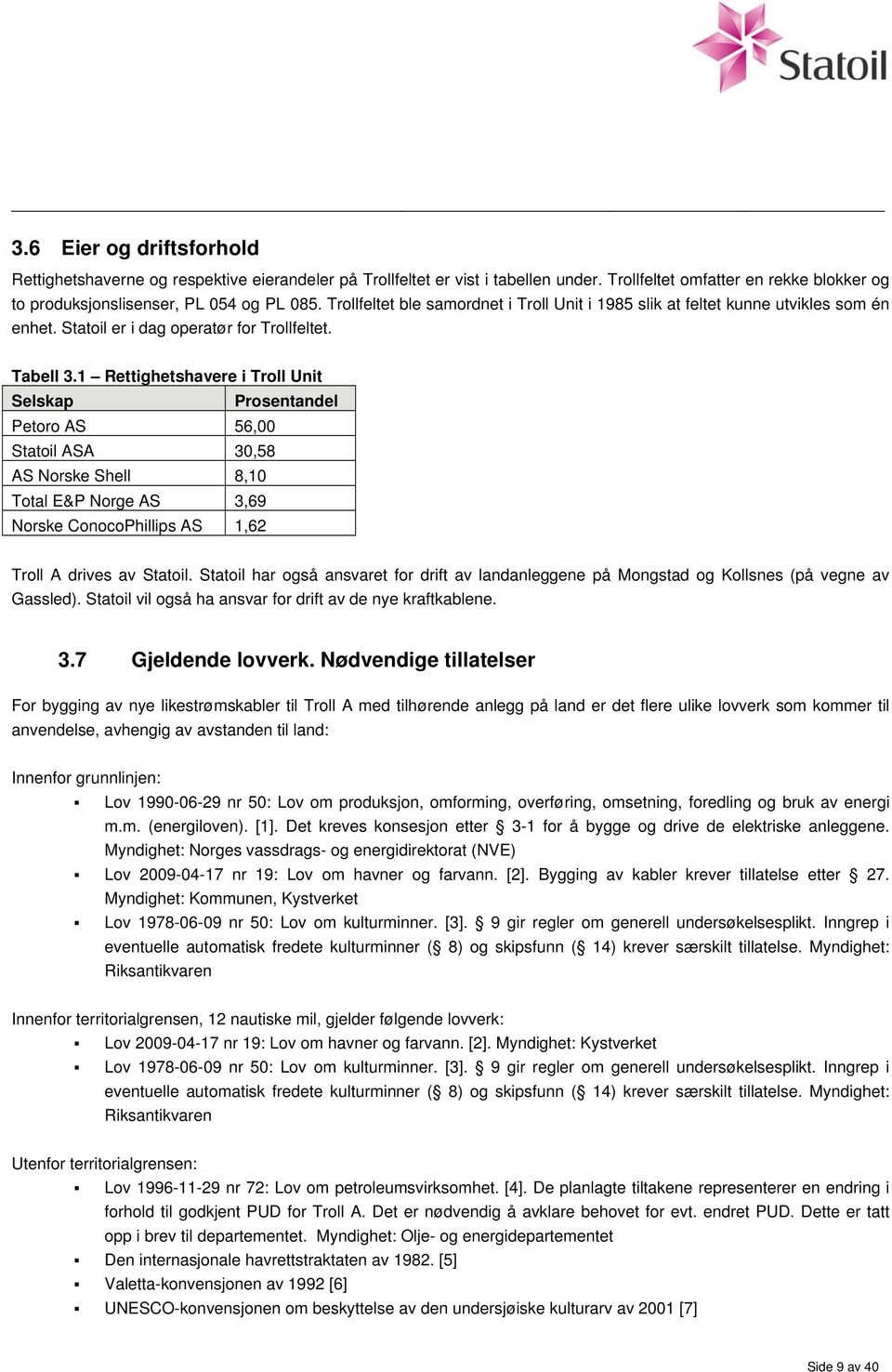 1 Rettighetshavere i Troll Unit Selskap Prosentandel Petoro AS 56,00 Statoil ASA 30,58 AS Norske Shell 8,10 Total E&P Norge AS 3,69 Norske ConocoPhillips AS 1,62 Troll A drives av Statoil.