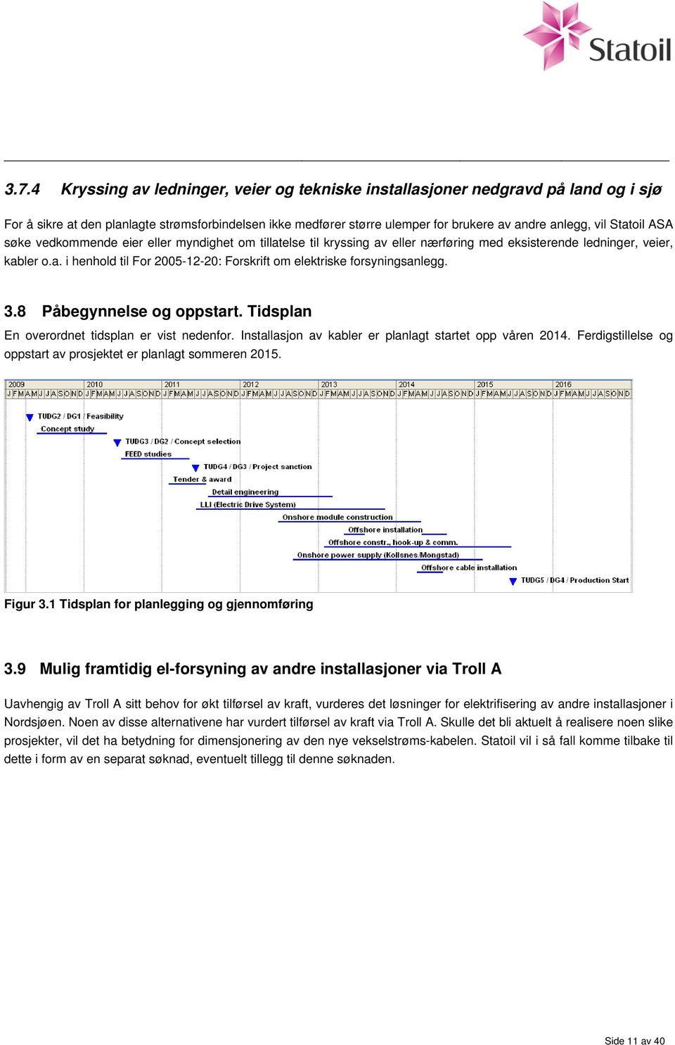 3.8 Påbegynnelse og oppstart. Tidsplan En overordnet tidsplan er vist nedenfor. Installasjon av kabler er planlagt startet opp våren 2014.