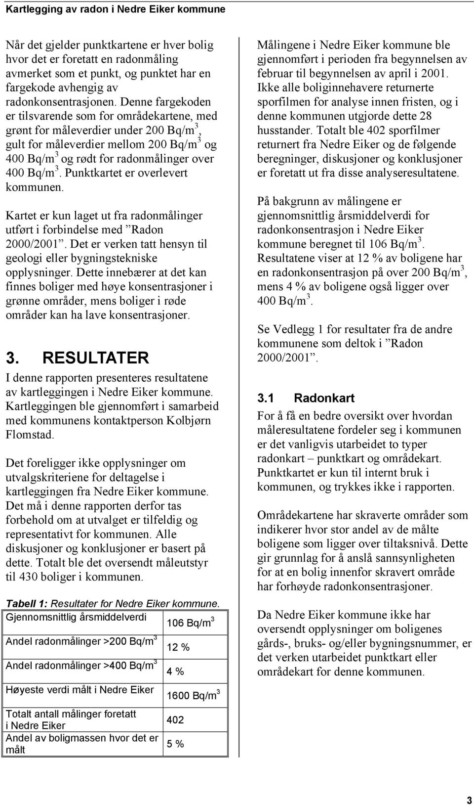 Punktkartet er overlevert kommunen. Kartet er kun laget ut fra radonmålinger utført i forbindelse med Radon 2000/2001. Det er verken tatt hensyn til geologi eller bygningstekniske opplysninger.