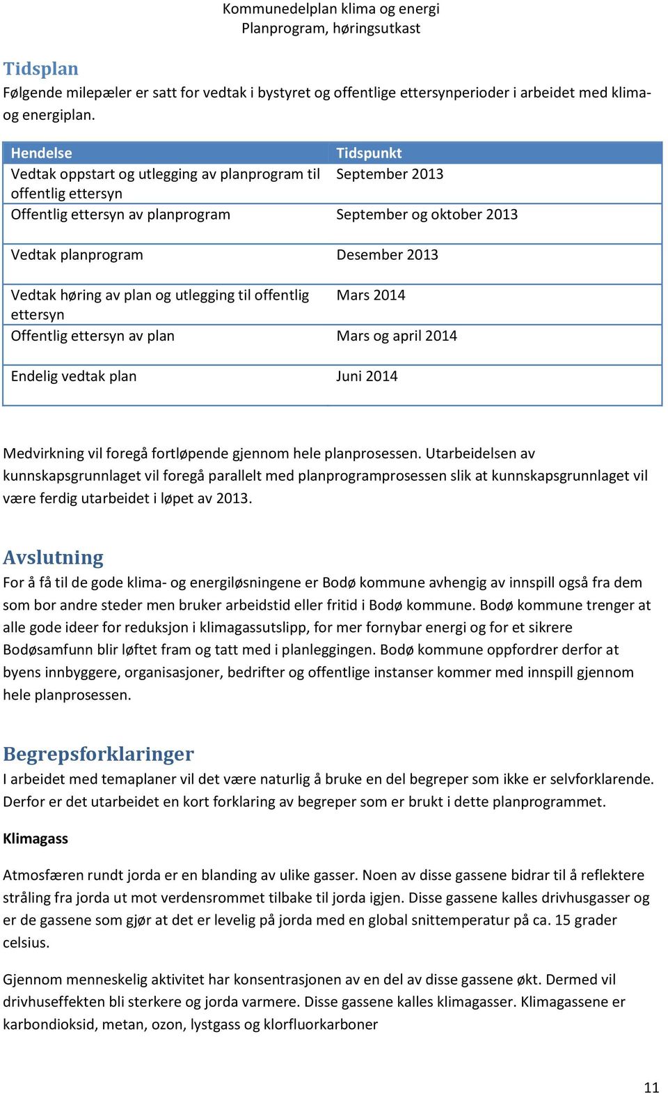 Vedtak høring av plan og utlegging til offentlig Mars 2014 ettersyn Offentlig ettersyn av plan Mars og april 2014 Endelig vedtak plan Juni 2014 Medvirkning vil foregå fortløpende gjennom hele