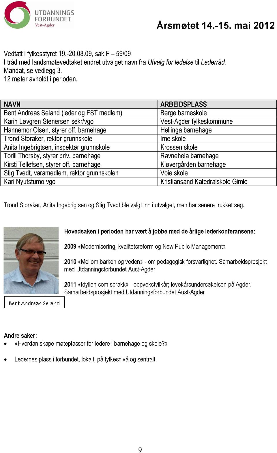 barnehage Trond Storaker, rektor grunnskole Anita Ingebrigtsen, inspektør grunnskole Torill Thorsby, styrer priv. barnehage Kirsti Tellefsen, styrer off.