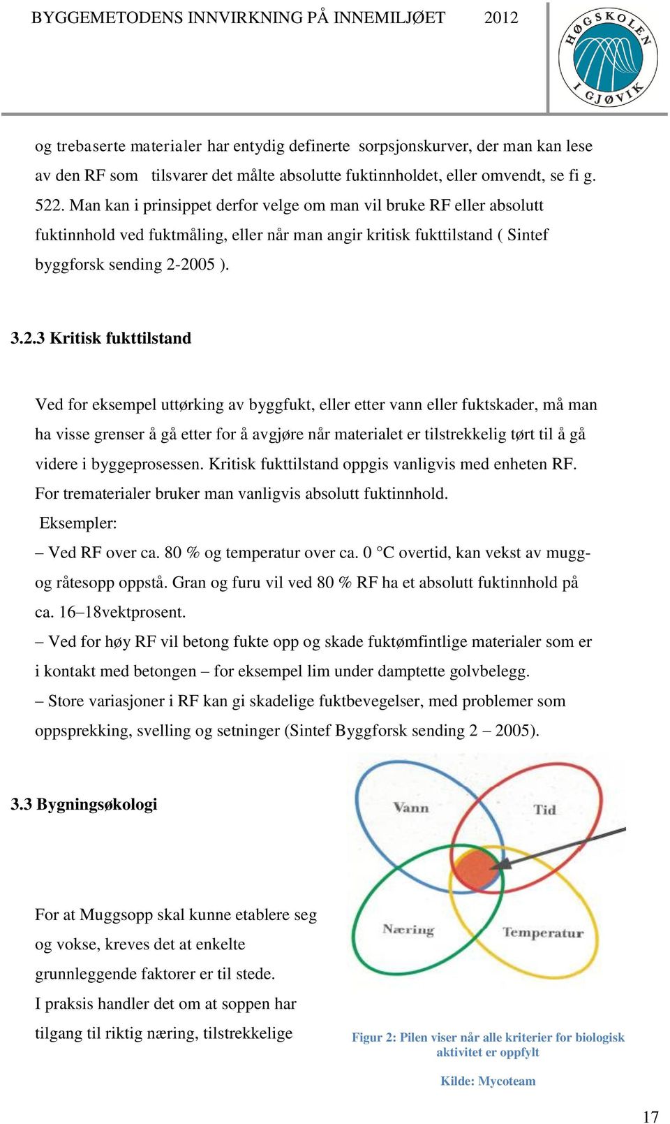 2005 ). 3.2.3 Kritisk fukttilstand Ved for eksempel uttørking av byggfukt, eller etter vann eller fuktskader, må man ha visse grenser å gå etter for å avgjøre når materialet er tilstrekkelig tørt til