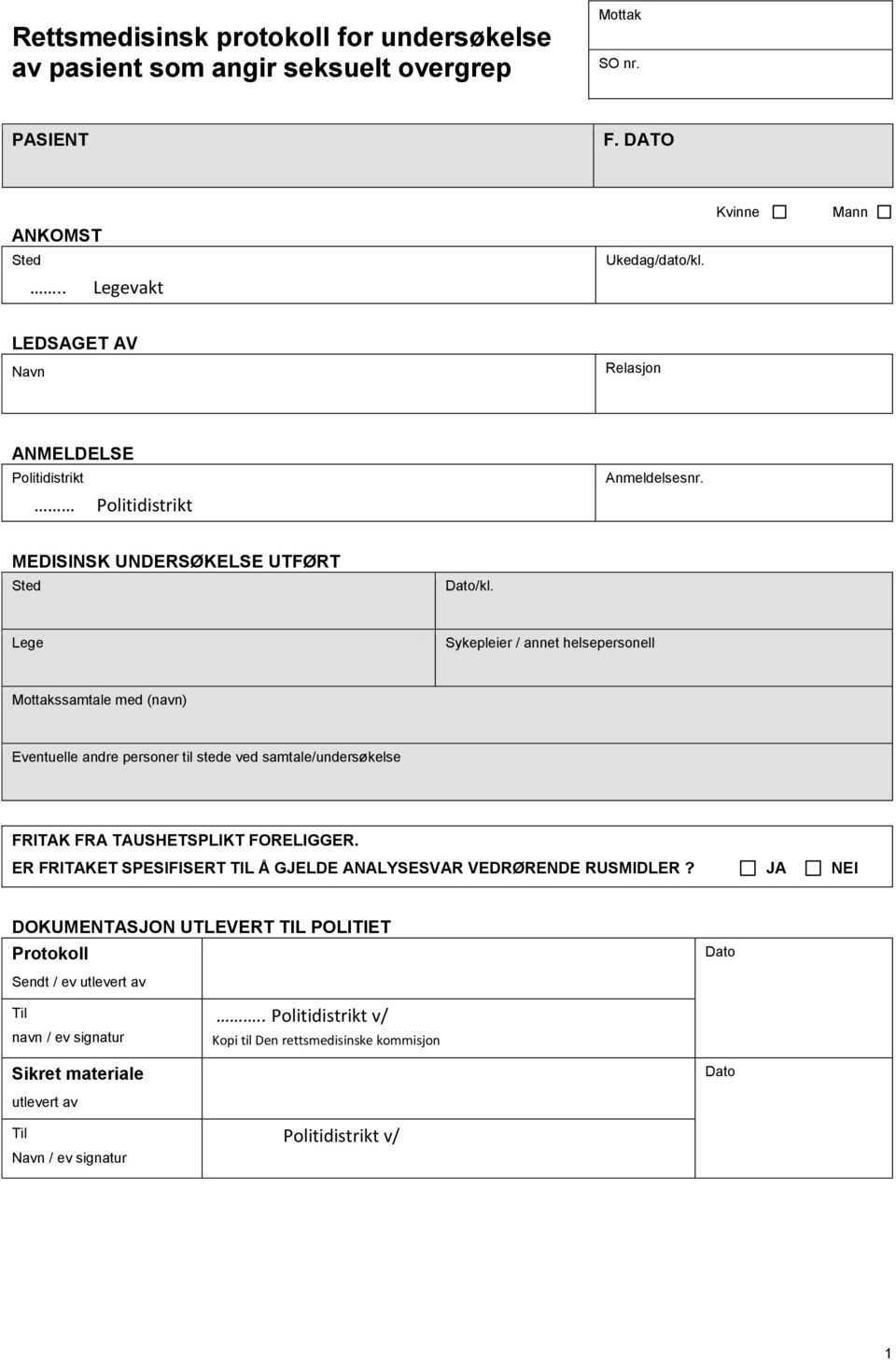 Lege Sykepleier / annet helsepersonell Mottakssamtale med (navn) Eventuelle andre personer til stede ved samtale/undersøkelse FRITAK FRA TAUSHETSPLIKT FORELIGGER.