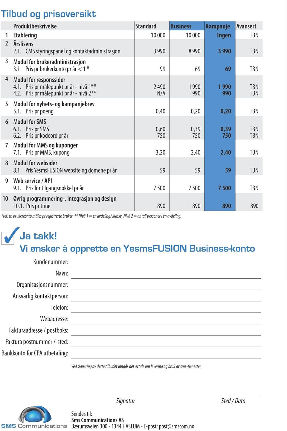 Pris pr målepunkt pr år - nivå 2** Kundenummer: Navn: Organisasjonsnummer: Ansvarlig kontaktperson: Telefon: Webadresse: Fakturaadresse / postboks: Faktura postnummer /-sted: Bankkonto for CPA