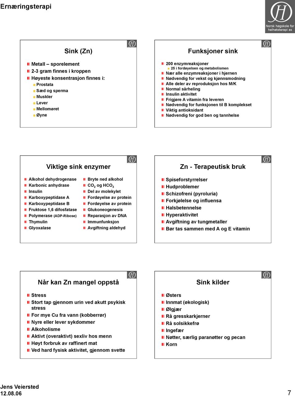 funksjonen til B komplekset Viktig antioksidant Nødvendig for god ben og tannhelse Viktige sink enzymer Zn - Terapeutisk bruk Alkohol dehydrogenase Karbonic anhydrase Insulin Karboxypeptidase A