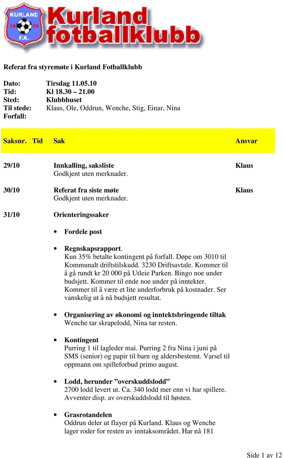 Klaus Klaus 31/10 Orienteringssaker Fordele post Regnskapsrapport. Kun 35% betalte kontingent på forfall. Døpe om 3010 til Kommunalt driftstilskudd. 3230 Driftsavtale.