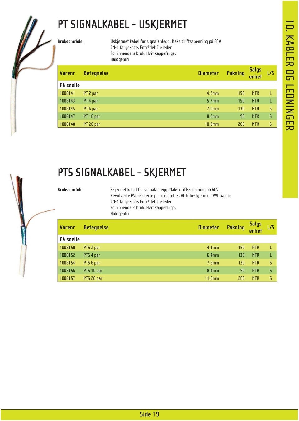 1008148 PT 20 par 10,8mm 200 MTR S 10. KABLER OG LEDNINGER PTS SIGNALKABEL - SKJERMET Bruksområde: Skjermet kabel for signalanlegg.