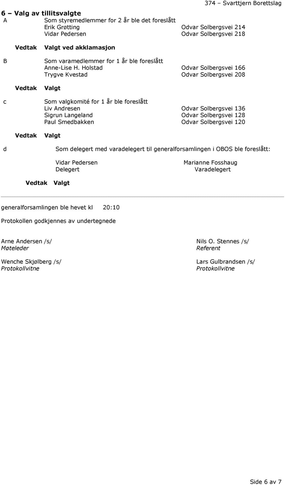 Holstad Odvar Solbergsvei 166 Trygve Kvestad Odvar Solbergsvei 208 Valgt c Som valgkomité for 1 år ble foreslått Liv Andresen Odvar Solbergsvei 136 Sigrun Langeland Odvar Solbergsvei 128 Paul