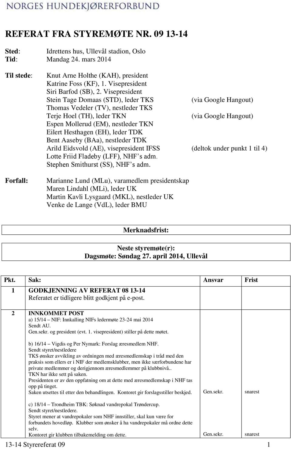 Visepresident Stein Tage Domaas (STD), leder TKS (via Google Hangout) Thomas Vedeler (TV), nestleder TKS Terje Hoel (TH), leder TKN (via Google Hangout) Espen Mollerud (EM), nestleder TKN Eilert