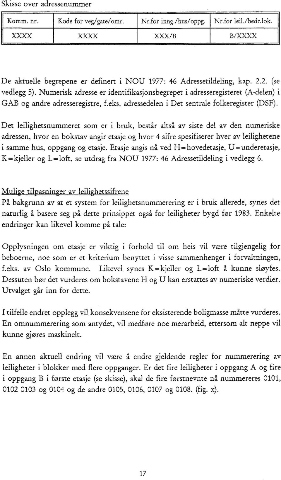 Det leilighetsnummeret som er i bruk, består altså av siste del av den numeriske adressen, hvor en bokstav angir etasje og hvor 4 sifre spesifiserer hver av leilighetene samme hus, oppgang og etasje.