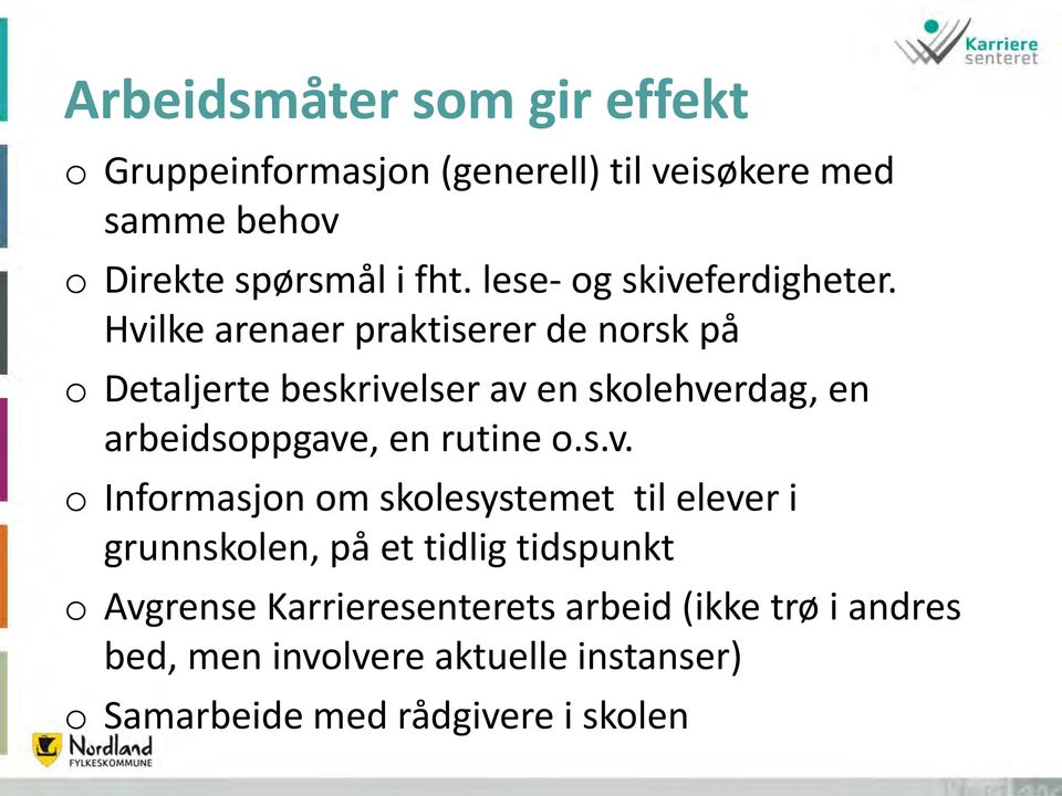 Hvilke arenaer praktiserer de norsk på o Detaljerte beskrivelser av en skolehverdag, en arbeidsoppgave, en rutine