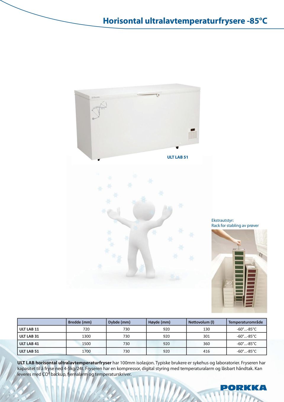 ..-85 C ULT LAB horisontal ultralavtemperaturfryser har 100mm isolasjon. Typiske brukere er sykehus og laboratorier.