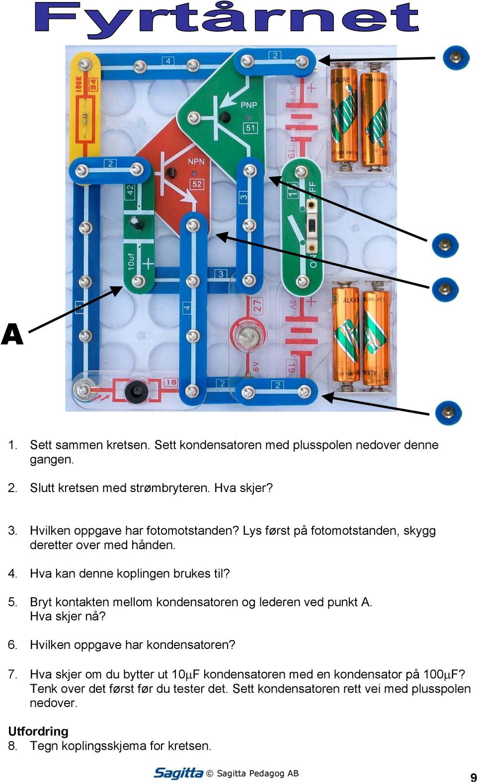 Bryt kontakten mellom kondensatoren og lederen ved punkt A. Hva skjer nå? 6. Hvilken oppgave har kondensatoren? 7.