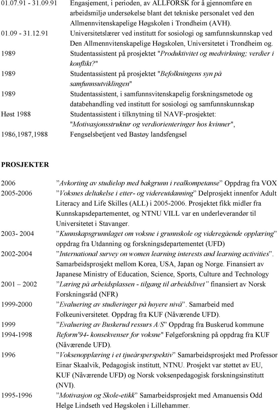 1989 Studentassistent på prosjektet "Produktivitet og medvirkning; verdier i konflikt?