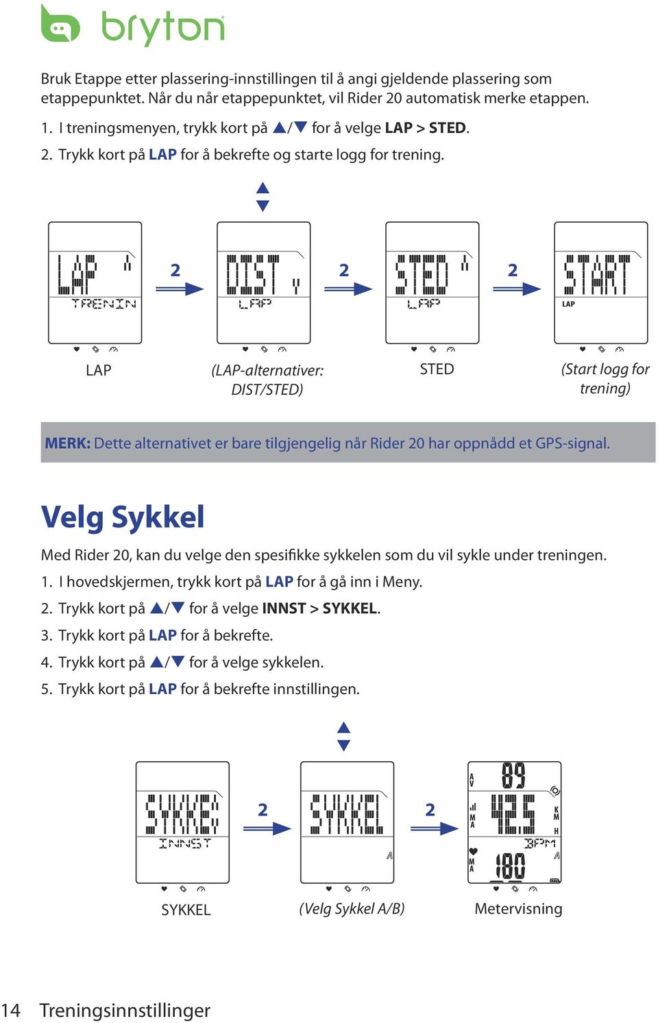 LAP (LAP-alternativer: STED (Start logg for DIST/STED) trening) MERK: Dette alternativet er bare tilgjengelig når Rider 0 har onådd et GPS-signal.